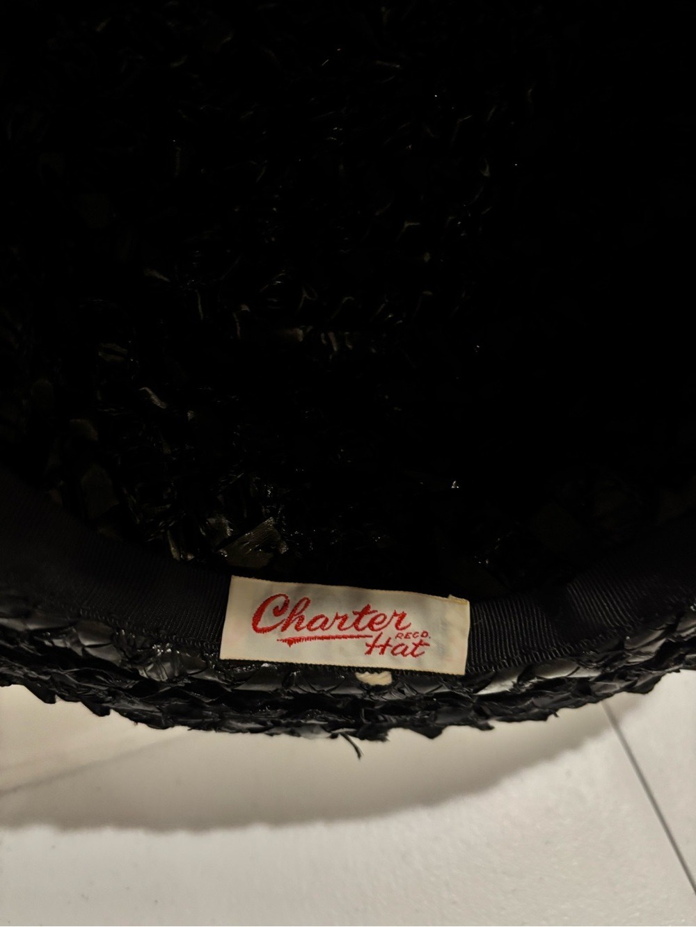 Vintage Charter Hat black woven raffia straw sun hat flat crown medium brim - Picture 9 of 15